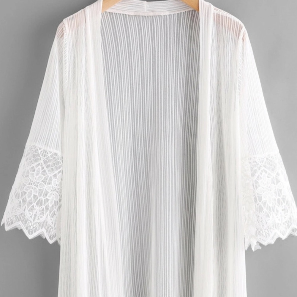 Embroidered Mesh Panel Fringe Hem kimono.